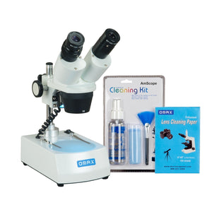 OMAX 10X-30X Cordless Stereo Binocular Student Microscope with Dual LED Lights and Cleaning Pack
