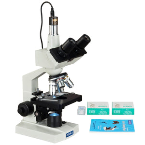 OMAX 40-2500X LED Digital Trinocular Compound Microscope 1.3MP Camera+Blank Slides+Covers+Lens Paper