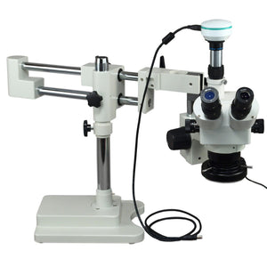 Dual-bar Boom Stand Zoom Microscope w 144 LED Ring Light+Camera