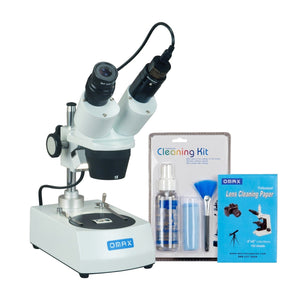 OMAX 10X-30X Binocular Stereo Student Microscope with Dual Lights, 5MP Camera and Cleaning Pack