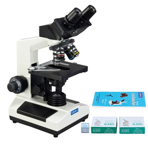 40X-1600X M827 Series Binocular Compound Microscope w/ Blank Slides, Cover Slips + Lens Paper