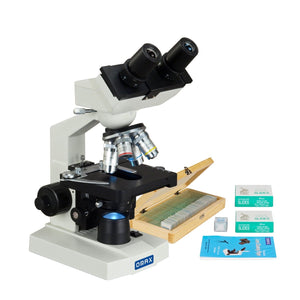 OMAX 40X-2500X Binocular Compound LED Microscope+50PC Prepared Slides+Lens Paper+Blank Slides&Covers