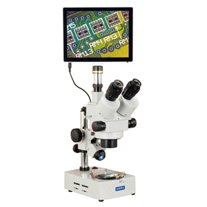 OMAX 7X-45X 5MP Touchpad Screen Trinocular Zoom Stereo Microscope on Dual Halogen Light Desk Stand