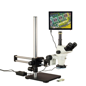 OMAX 6.7X-45X Touchscreen Simal-focal Stereo Microscope on Ball-Bearing Boom + 144-LED Ring Light