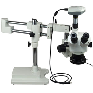 Dual-bar Boom Stand Zoom Microscope w 144 Ring Light+5.0M Camera